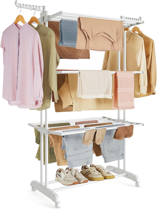 Clothes Drying Rack Stand 4-Tier, Foldable Laundry Drying Rack 68.1-Inch Tall, Stainless Steel, Rolling Clothes Horses Dryer Rack, Easy to Assemble, Indoor Outdoor Use, Cloud White ULLR701W03