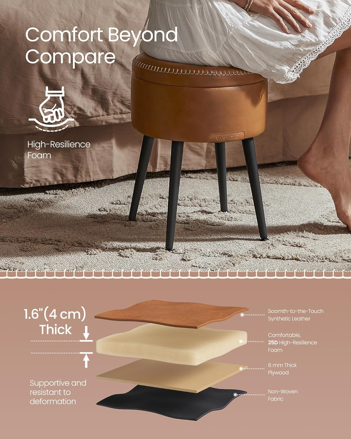 EKHO Collection - Storage Ottoman, Vanity Chair Stool, Synthetic Leather with Stitching, Mid-Century Modern, round Storage Seat with Steel Legs, Loads 330 Lb, Caramel Brown ULOM005K01