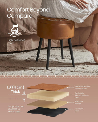 EKHO Collection - Storage Ottoman, Vanity Chair Stool, Synthetic Leather with Stitching, Mid-Century Modern, round Storage Seat with Steel Legs, Loads 330 Lb, Caramel Brown ULOM005K01