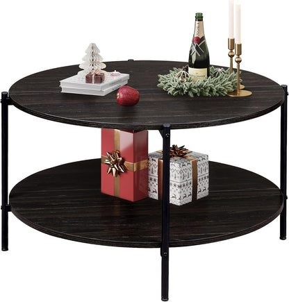 round Coffee Table for Living Room, 32.6" Small Coffee Table with Open Storage Shelf, 2-Tier Industrial Circle Wood Center Table for Bedroom, Home Office, Charcoal Black
