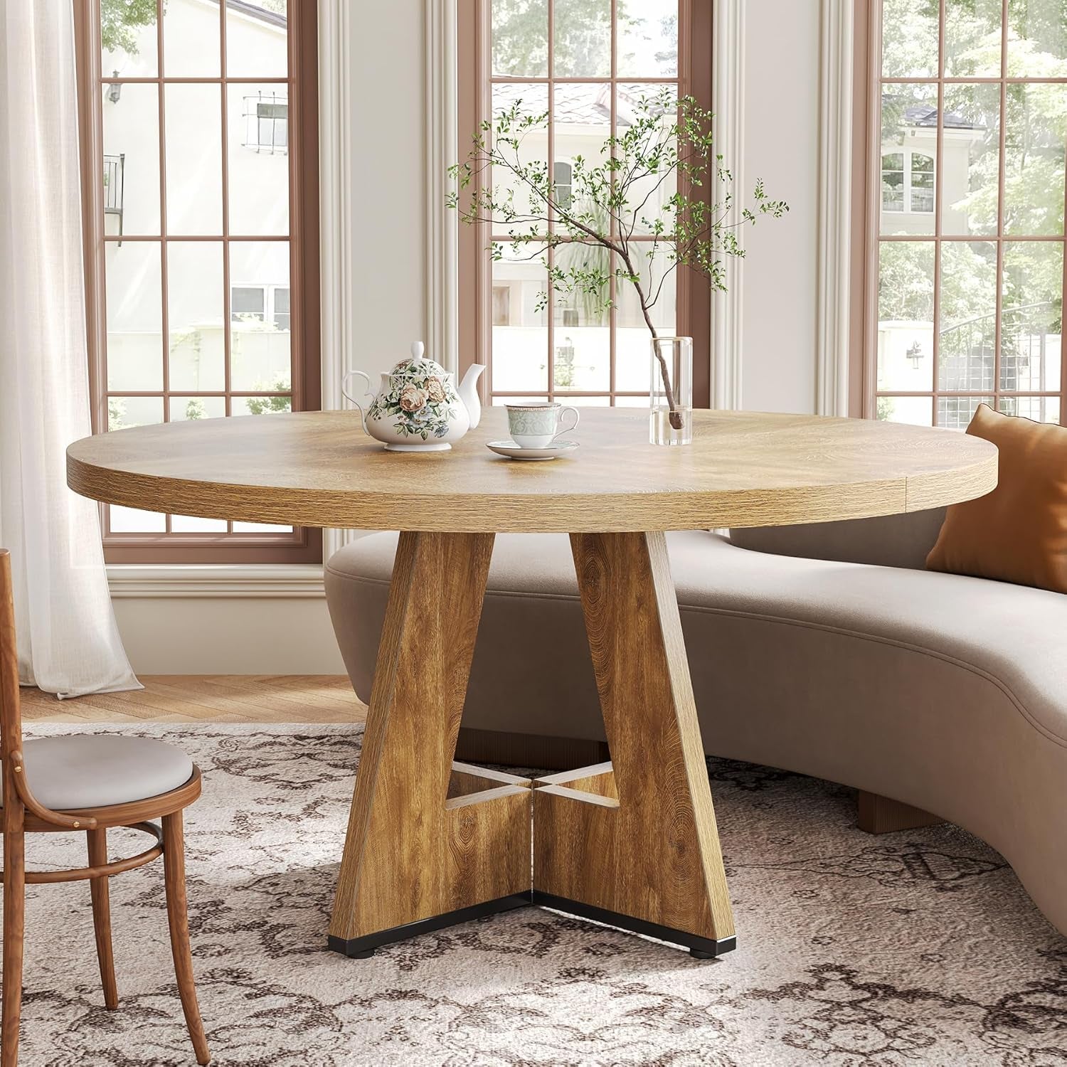 round Dining Table for 4-6 People, 47 Inches Dining Room Table with Wooden Pedestal Base, Circle Kitchen Tables for Dining Room, Kitchen, Living Room, Oak