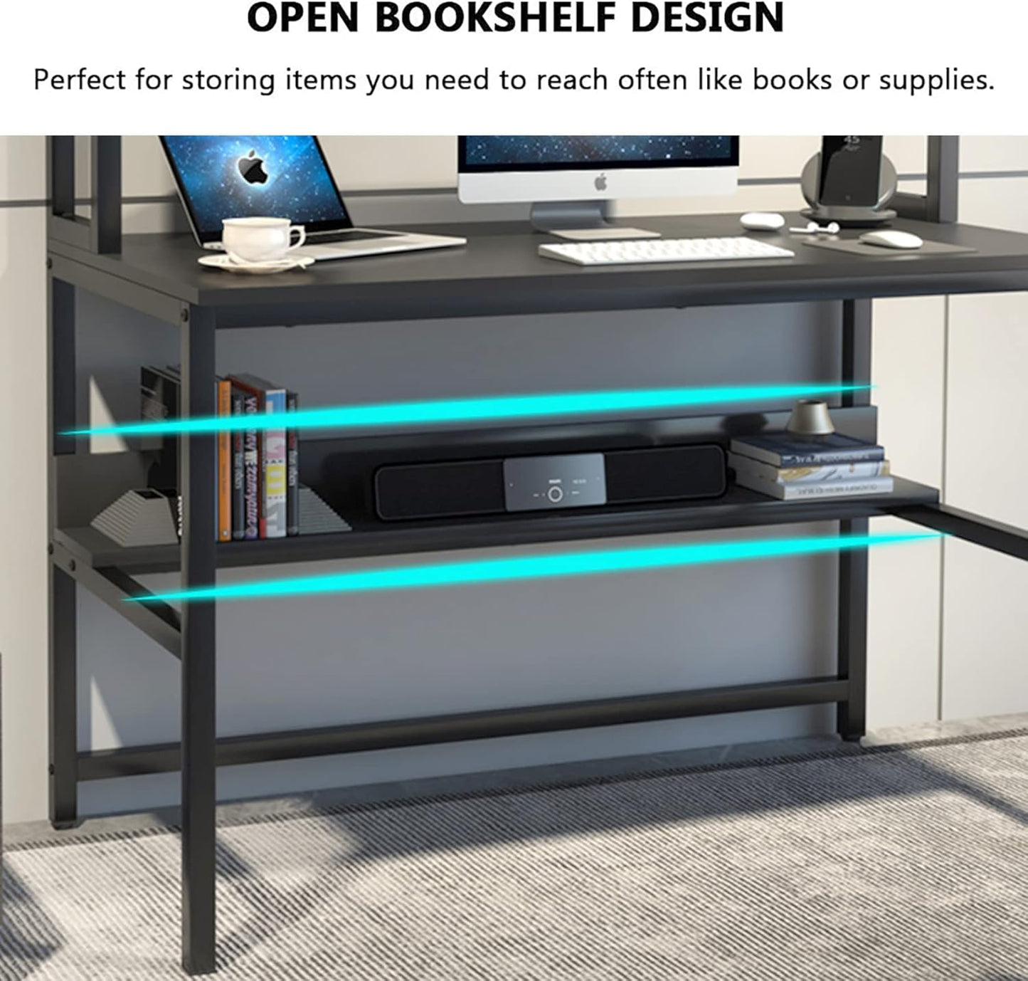 Computer Desk with Hutch and Bookshelves, Large Leg Room 47 Inch Width Black Desk with Space Saving Storage Shelves for Home Office,Study, Work, Easy Assemble