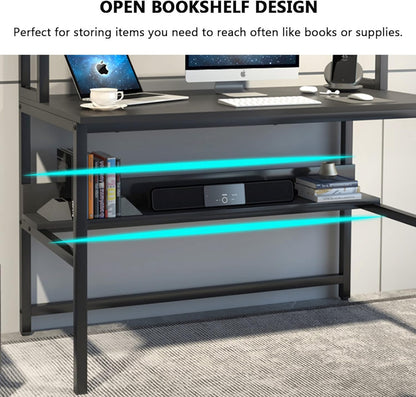 Computer Desk with Hutch and Bookshelves, Large Leg Room 47 Inch Width Black Desk with Space Saving Storage Shelves for Home Office,Study, Work, Easy Assemble