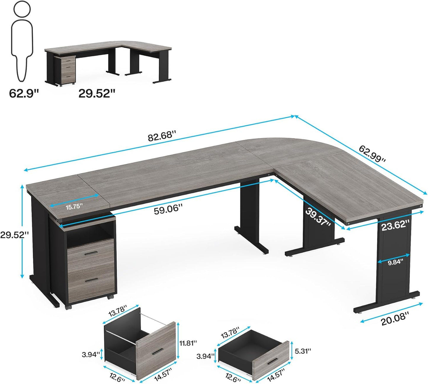 83" L-Shaped Executive Desk, Large Office Desk with Drawes, Industrial Corner Computer Table with File Cabinet, Business Workstation for Home Office (Gray, 83")