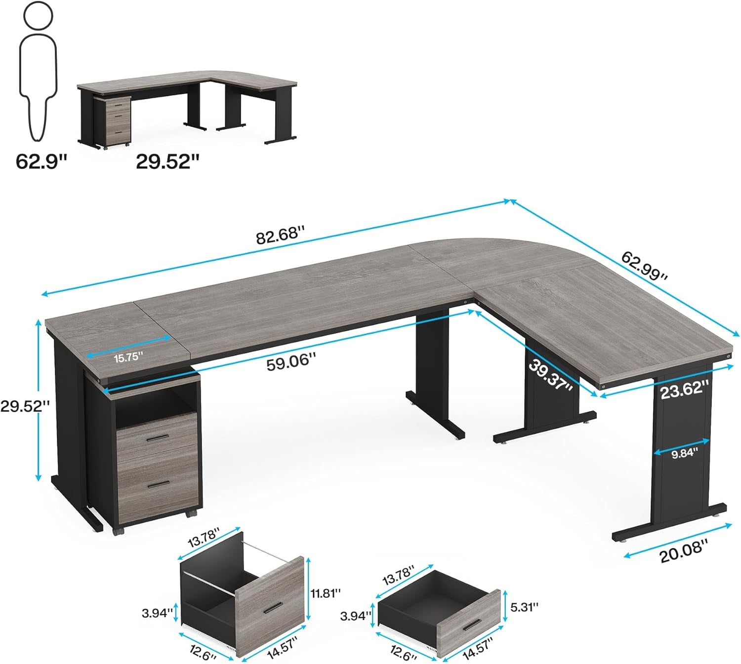 83" L-Shaped Executive Desk, Large Office Desk with Drawes, Industrial Corner Computer Table with File Cabinet, Business Workstation for Home Office (Gray, 83")