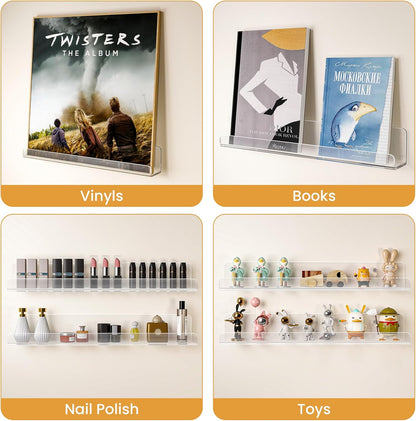 Vinyl Record Shelf Wall Mount, 12 Inch Clear Acrylic Album Record Holder Display, Floating Shelves for Wall, Magazine Shelf, Kids Bookshelf, Suitable for Bedroom, Living Room, Etc.—6 Pack