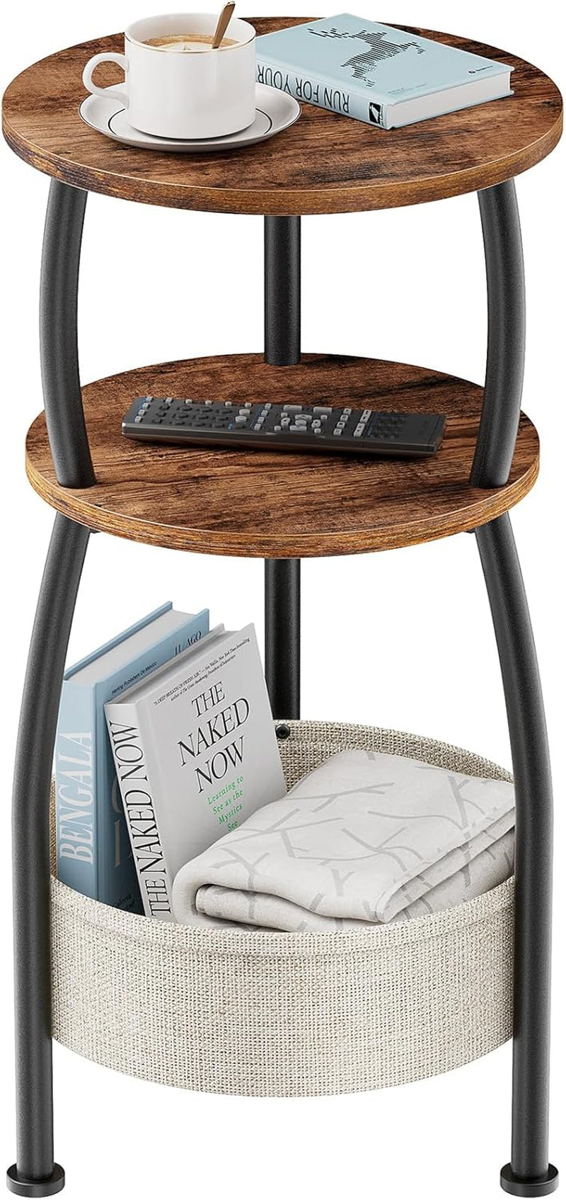 Round Side Table for Small Spaces with Storage Basket –Small End Table 3-Tier Night Stand Sofa Corner Table for Living Room, Bedroom, Patio and More 24In Tall Rustic Brown