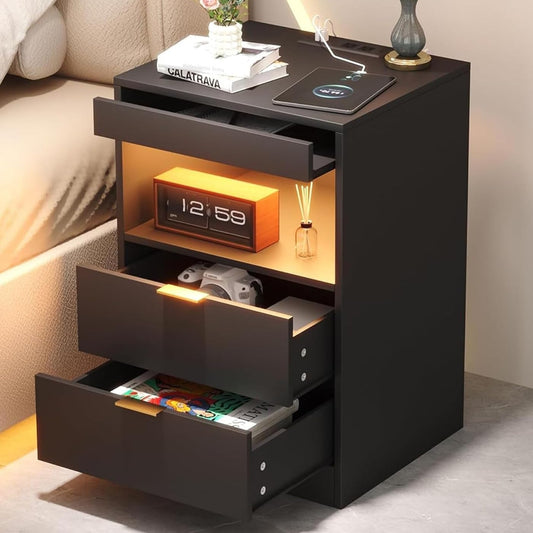Night Stand, Bedside Table, LED Nightstand with Charging Station, Modern Night Stand, Wood Sofa Couch End Side Table with 2 Pull-Out Shelf (Black)
