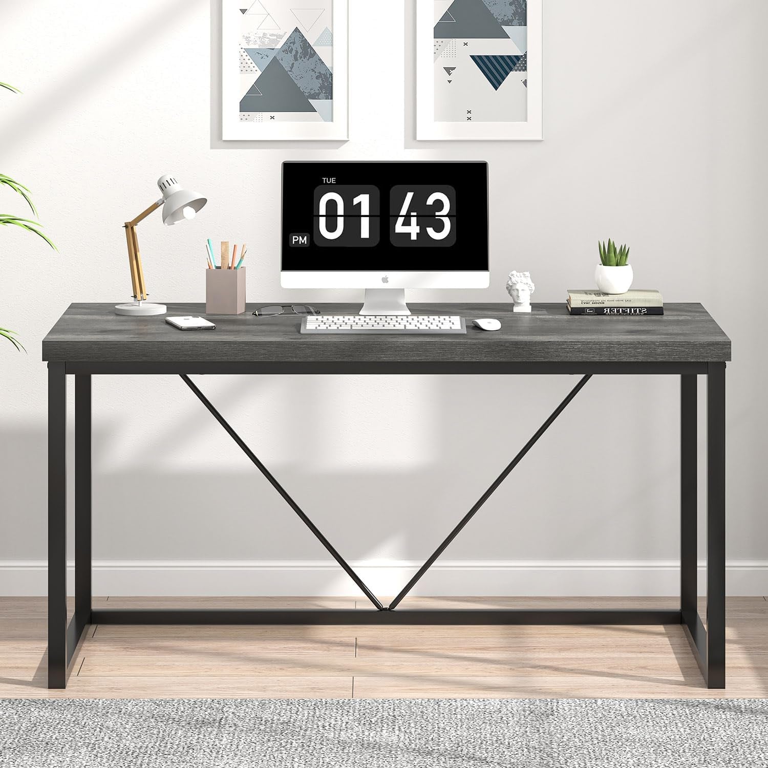 Modern Home Office Desk, Wood and Metal Computer Desk, Industrial Writing Study Gaming Table for Living Room Bedroom, Rustic Grey, 53 Inch