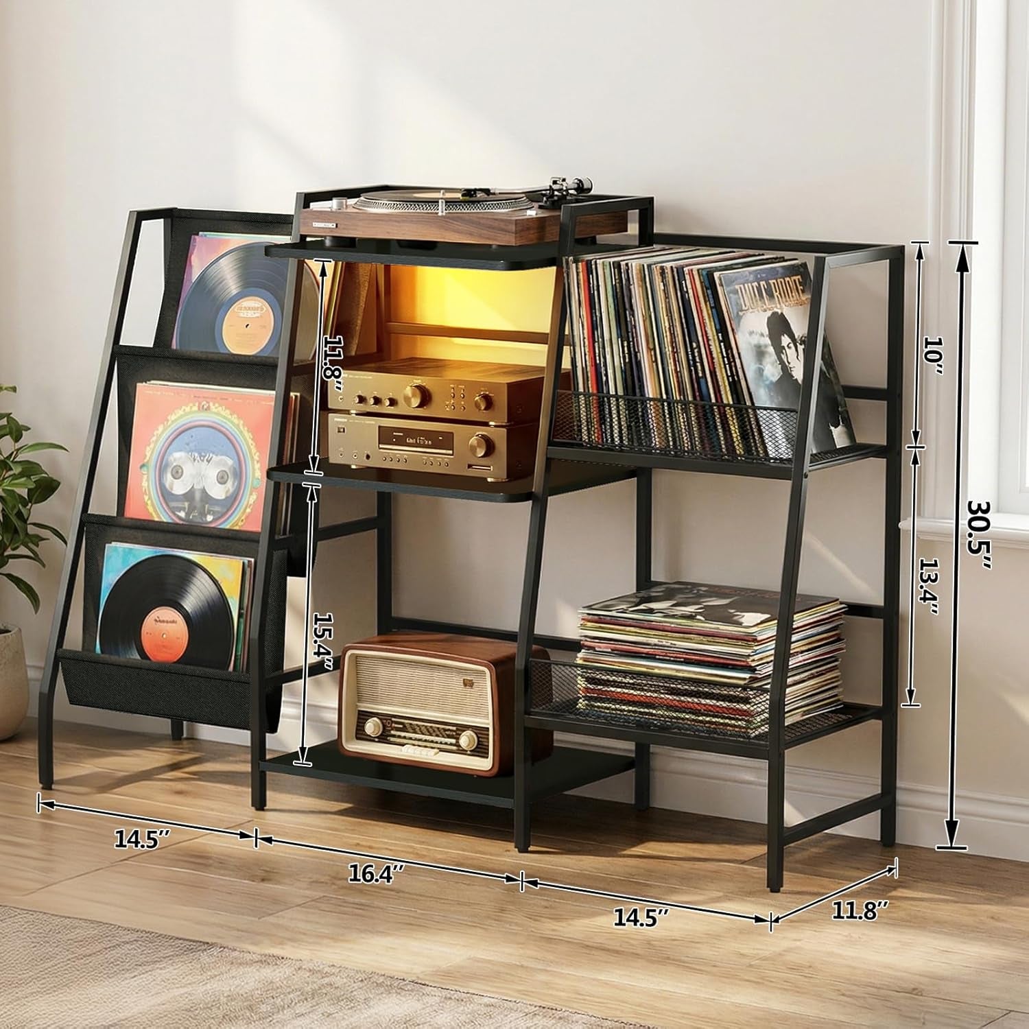 Record Player Stand with LED Lights, Record Player Table with Large Capacity Storage Holds up to 300 Albums, Vinyl Records Stands for Living Room, Turntable Stand Shelf for Albums, Black