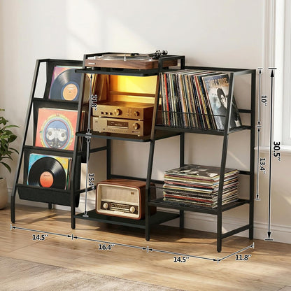 Record Player Stand with LED Lights, Record Player Table with Large Capacity Storage Holds up to 300 Albums, Vinyl Records Stands for Living Room, Turntable Stand Shelf for Albums, Black