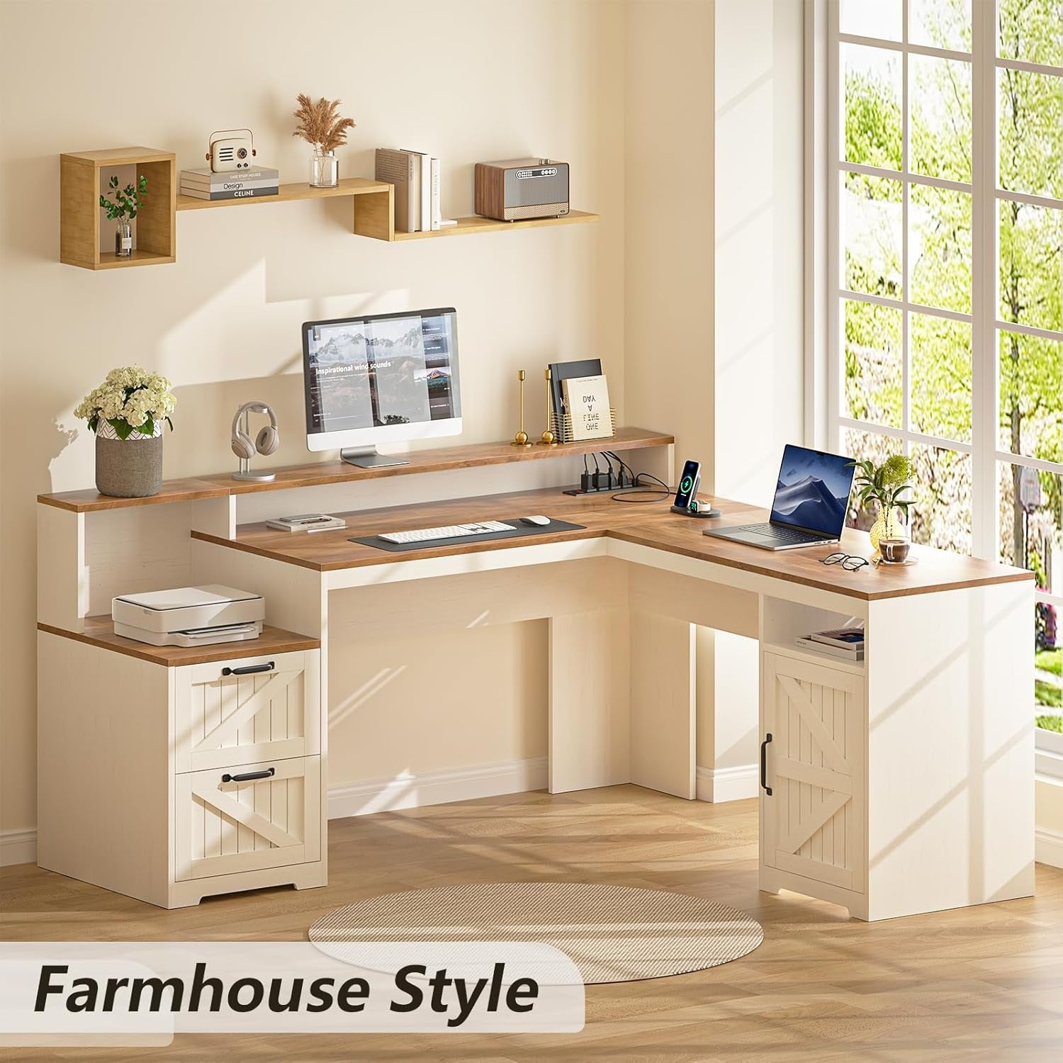 63" Farmhouse L Shaped Executive Desk with Drawers & Storage Shelf, Corner Computer Desk with Power Outlets, L Shaped Office Desk with Monitor Stand, Printer Shelf, Antique White