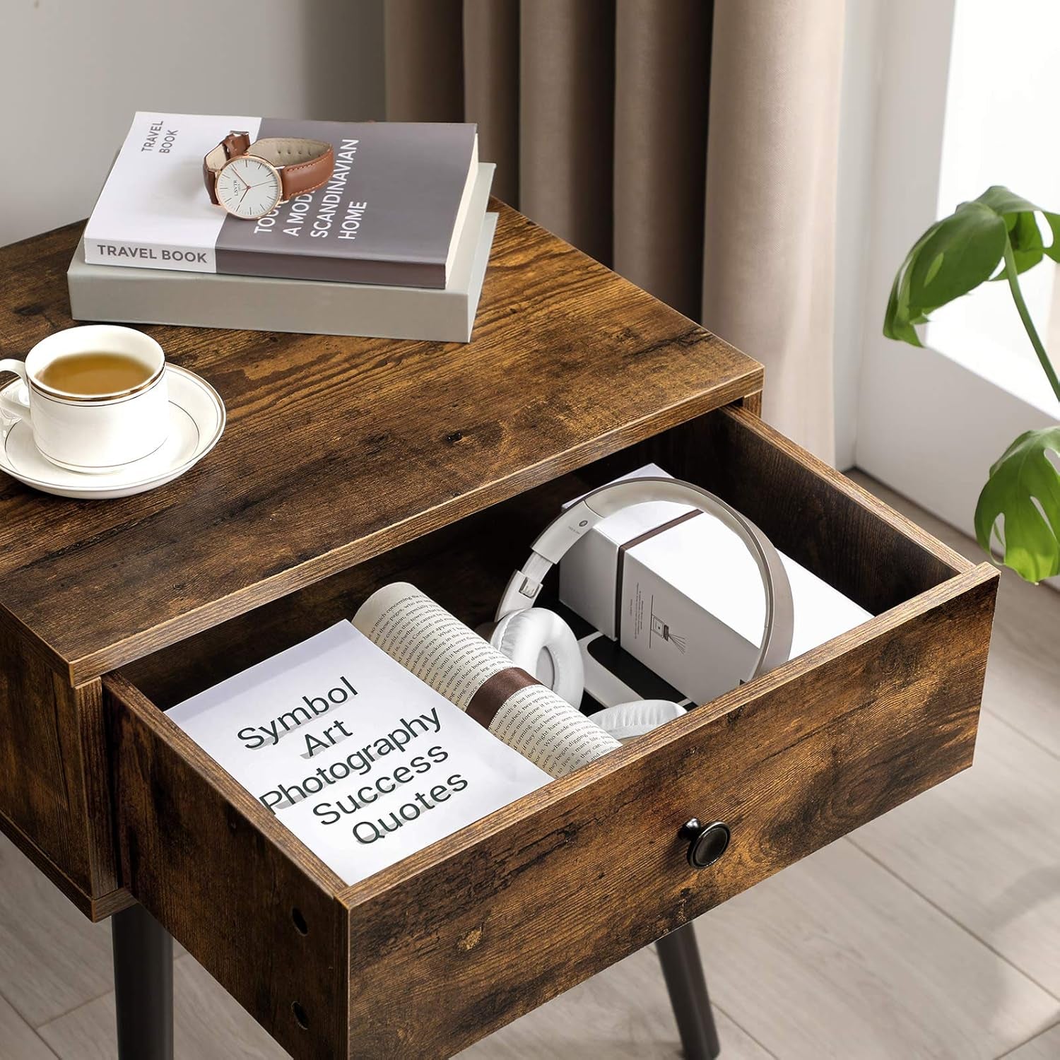 Nightstand, Sofa Side Table, End Table with a Drawer and Tapered Legs, Retro Style, for Bedroom, Rustic Brown ULET176B01