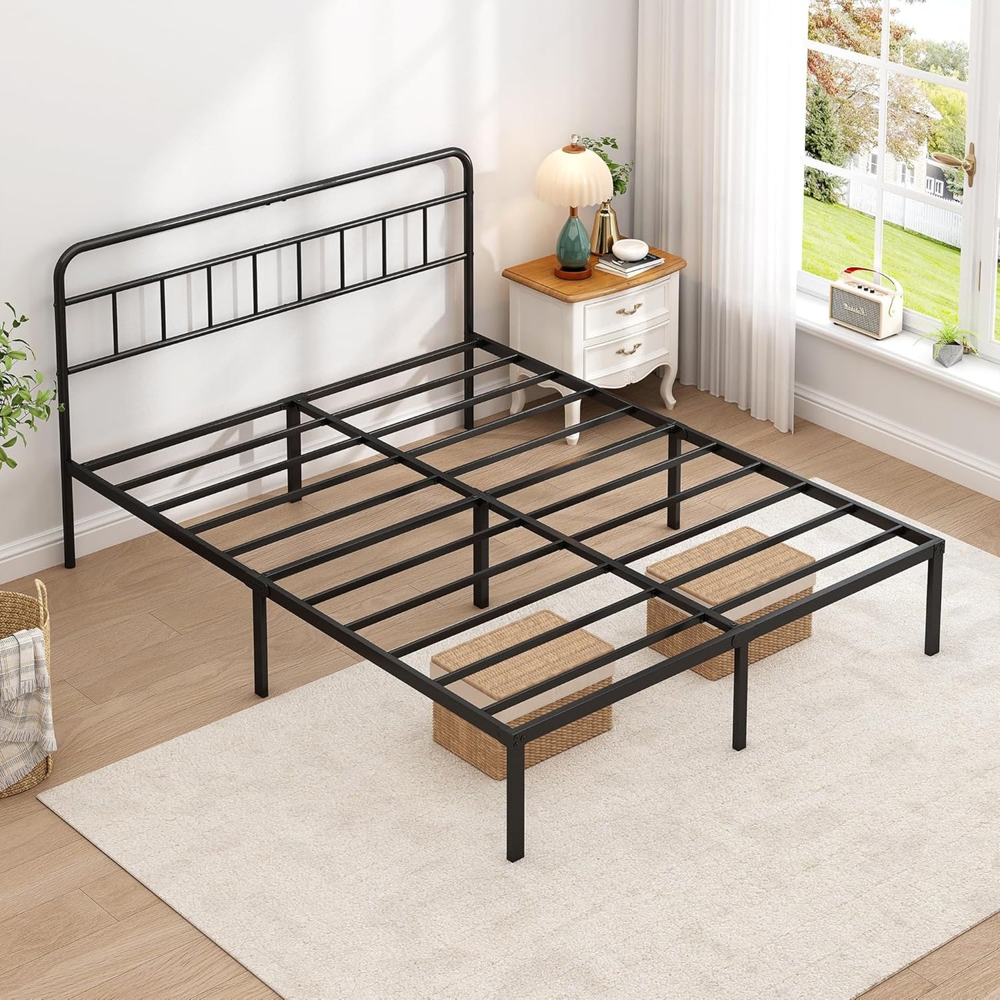 Queen Bed Frame with Classic Headboard,Strong Metal Slats Support,Under Bed Storage Space,No Box Spring Needed,Easy to Assemble,Black