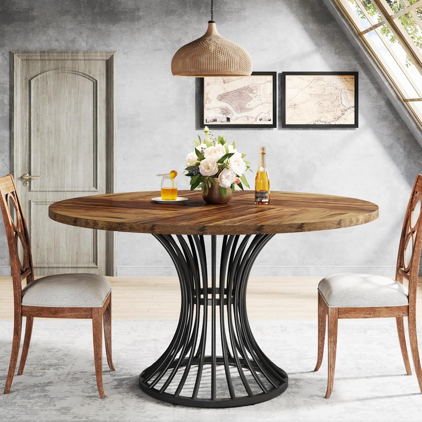 round Dining Table for 4-6 People, 47-Inch Farmhouse Dinning Room Circle Kitchen Table, Industrial Dinner Table with Metal Base for Kitchen, Living Room, Black and Brown