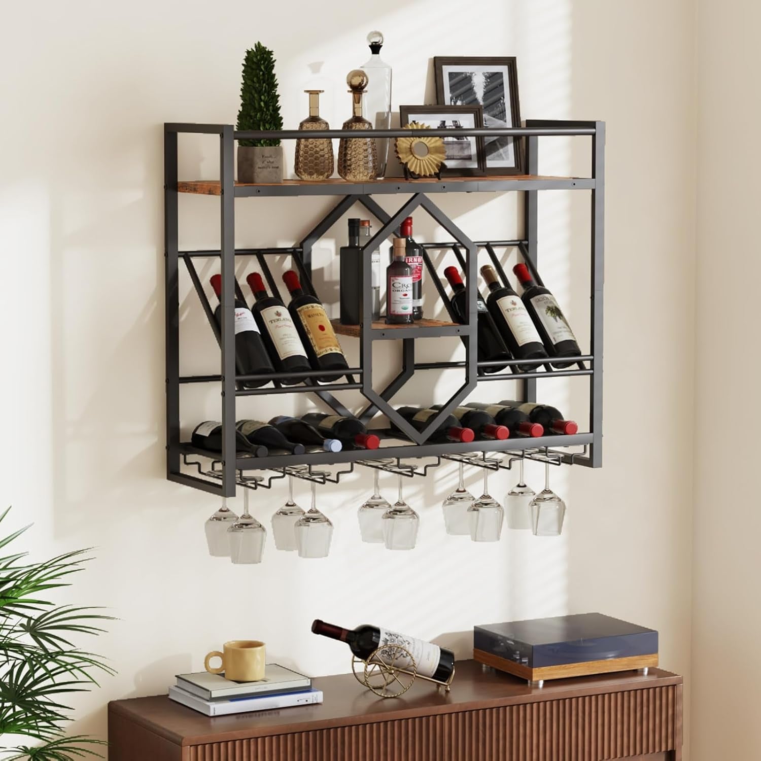 Wall Mounted Wine Rack with LED Light, 31.5" Wine Shelf, 3 Tier Wine Bottle Display Shelf with Glass Holder, Hanging Bar Liquor Storage Rack, for Kitchen, Bar, Rustic Brown and Black BF73DBJ01