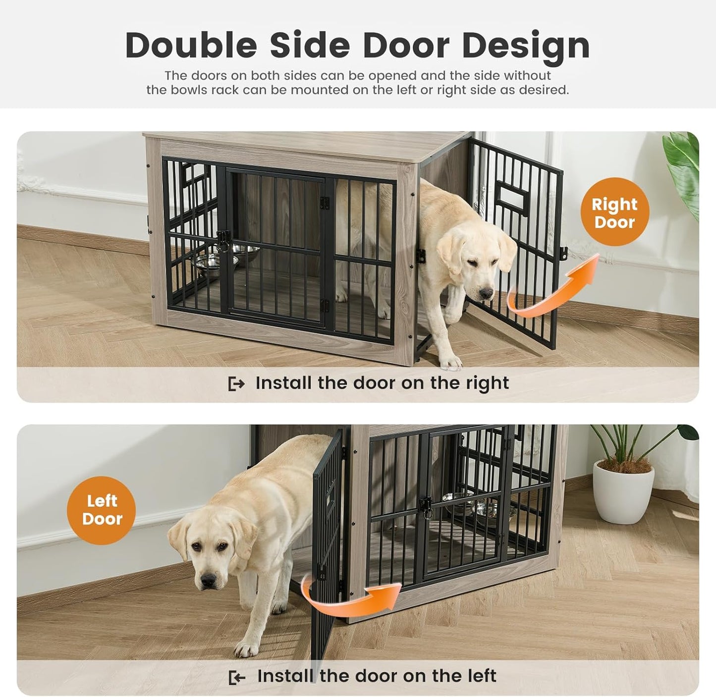 Dog Crate Furniture for Medium Dogs, 32.7 Inch Dog Kennel Indoor, Wooden Dog Cage End Table with 2 Removable Bowls, Heavy Duty Dog Crate, Rustic Brown