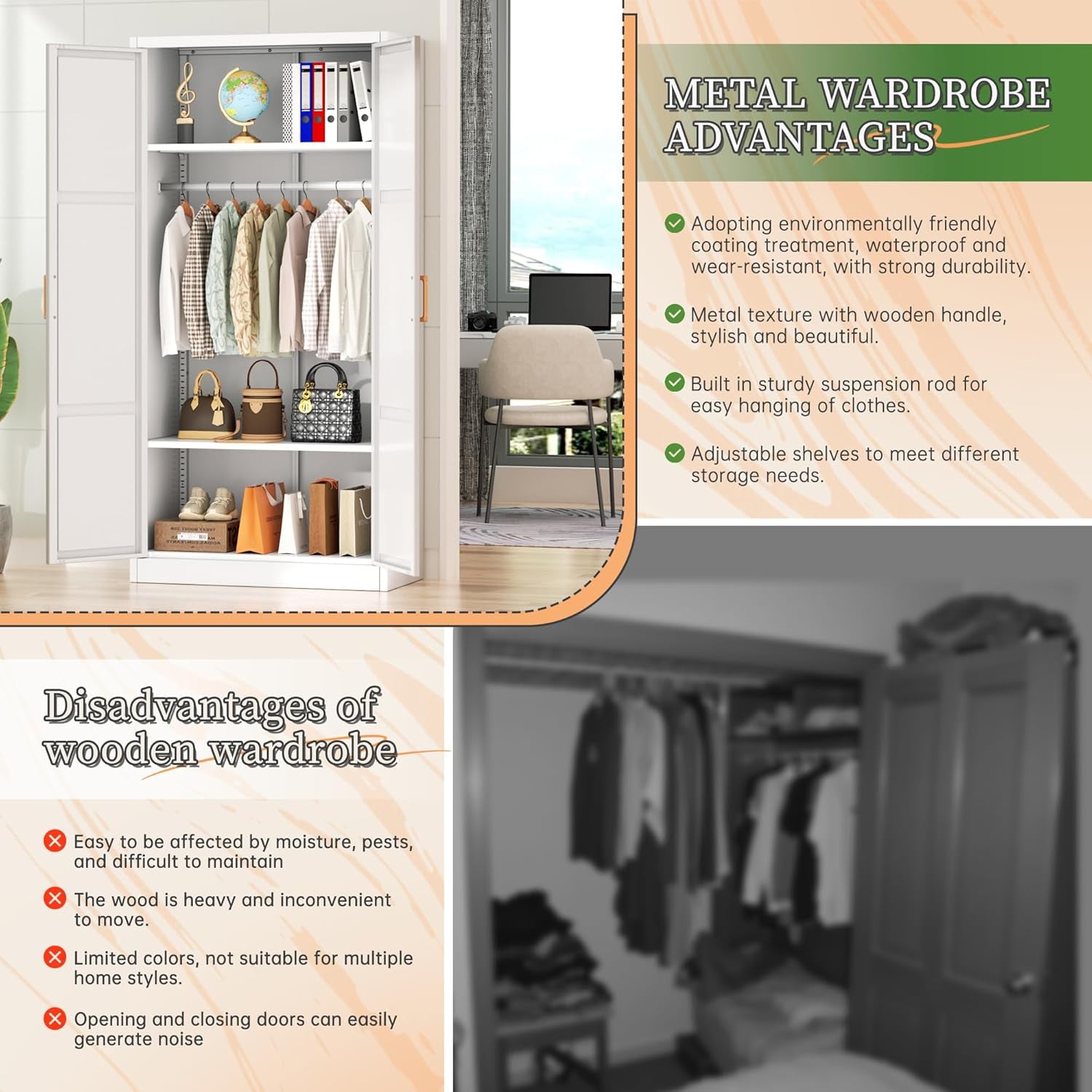 Metal Wardrobe Closet with Doors and Shelves,72" Armoire Wardrobe Closet for Hanging Clothes for Office, Home, School, Employee,Gym(White,36" W X 18" D,Warm Style)