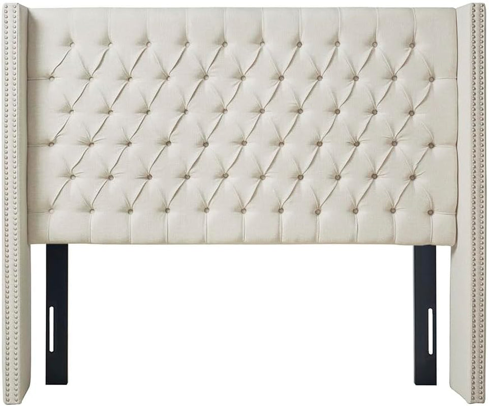 Amelia Upholstered Headboard | Nail Head Trim Wingback Button Tufted | Queen, Cream