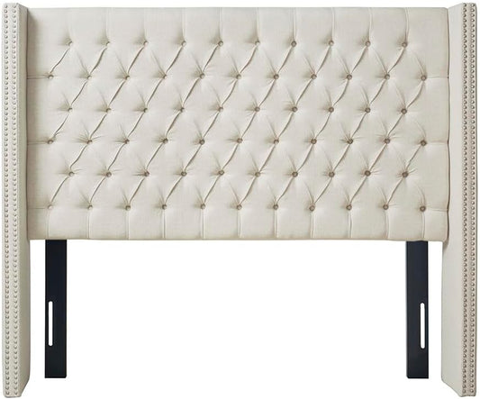 Amelia Upholstered Headboard | Nail Head Trim Wingback Button Tufted | Queen, Cream