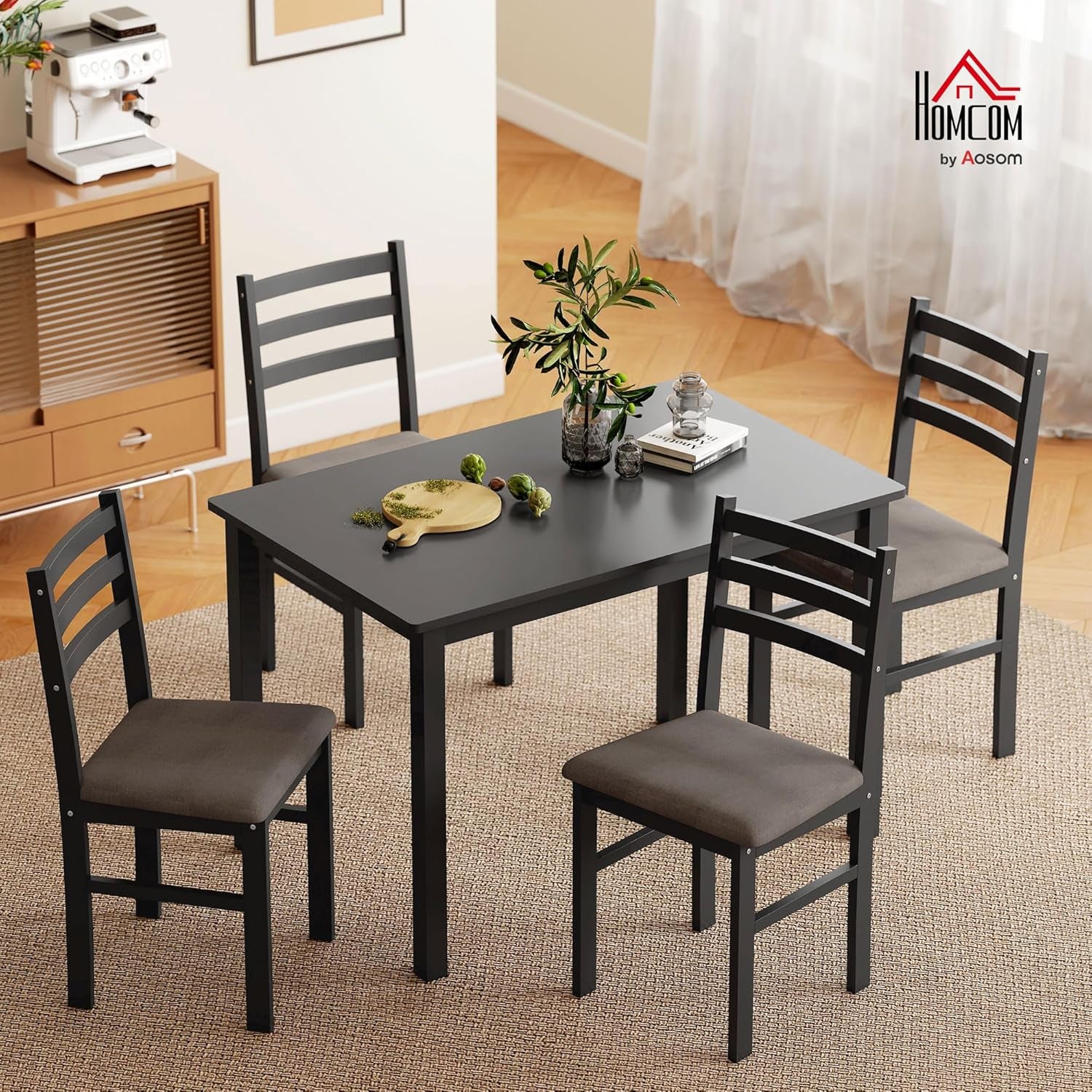 5-Piece Dining Table Set for 4 with Solid Wood Frame, Farmhouse Kitchen Table Set with 4 Upholstered Padded Chairs for Small Space, Dining Room, Breakfast Nook, Black