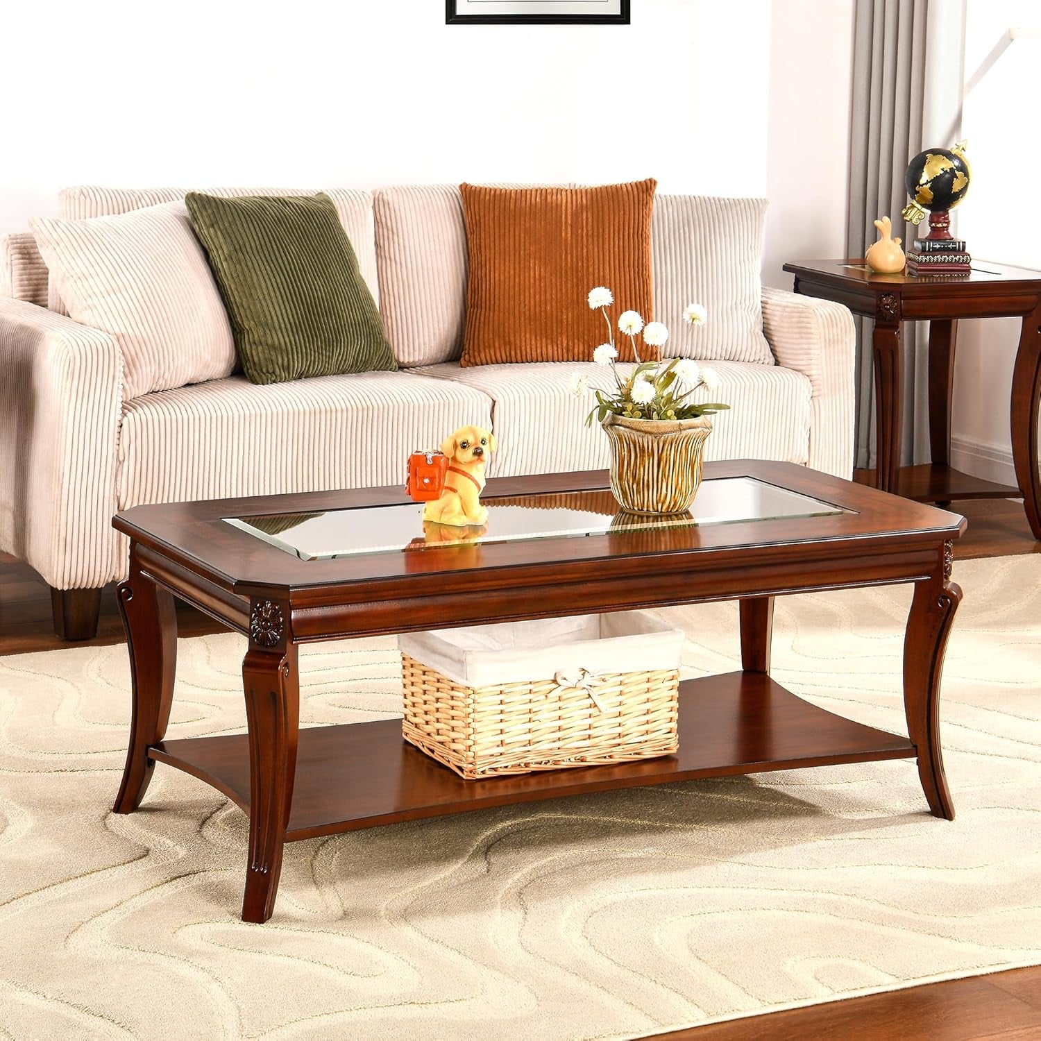 Living Room Tables Set of 3- One Coffee Table and Two End Table with Tempered Glass Top, Mid-Century Sofa beside Table and Center Table with Carved Legs, Easy Assembly Cherry Brown KFZ-CJZ-A1168-GT