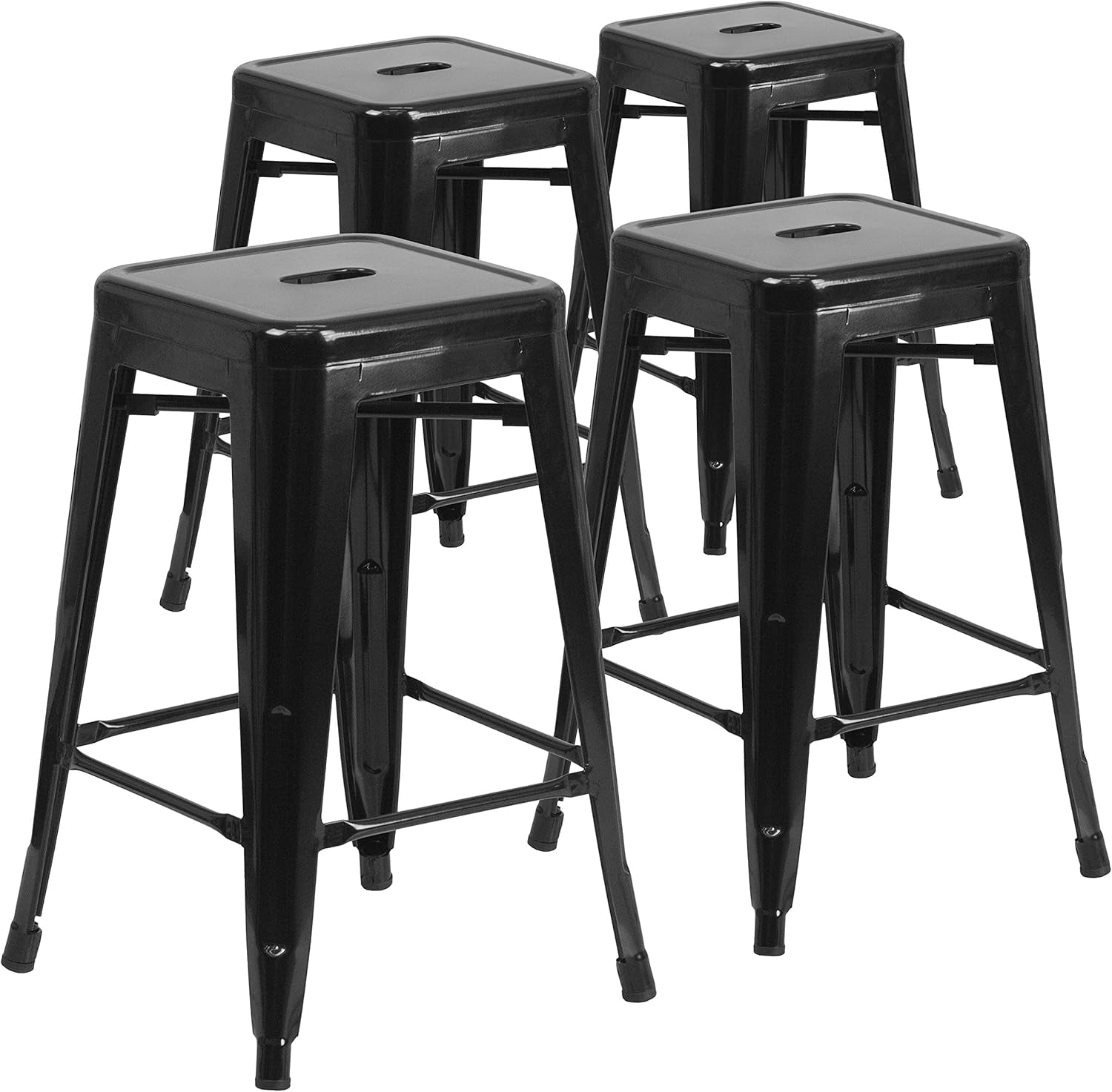 Lily 4 Pack Commercial Grade 24" High Backless Black Metal Indoor-Outdoor Counter Height Stool with Square Seat