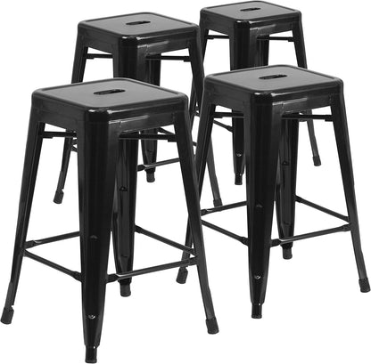 Lily 4 Pack Commercial Grade 24" High Backless Black Metal Indoor-Outdoor Counter Height Stool with Square Seat
