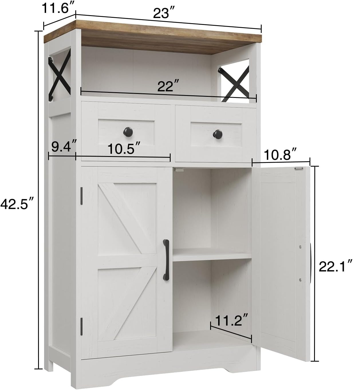 Farmhouse White Storage Cabinet with Doors and Drawers, Freestanding Kitchen Pantry Cabinet, Floor Storage Cabinet Hutch Cupboard for Kitchen, Living Dining Room, Bathroom