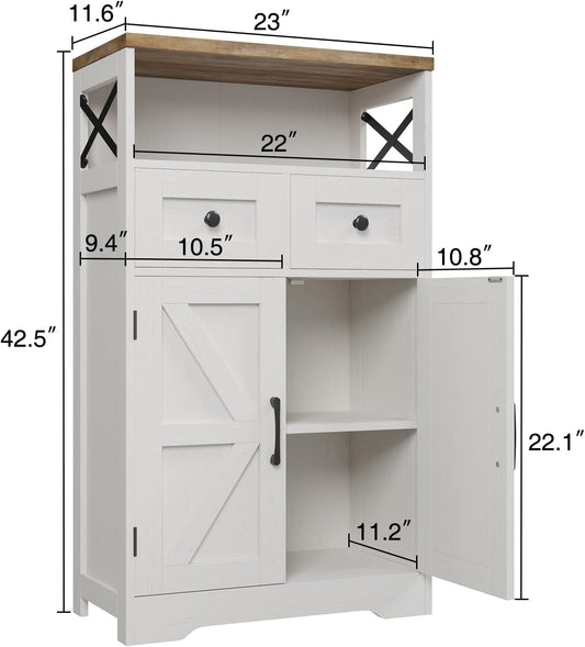 Farmhouse White Storage Cabinet with Doors and Drawers, Freestanding Kitchen Pantry Cabinet, Floor Storage Cabinet Hutch Cupboard for Kitchen, Living Dining Room, Bathroom
