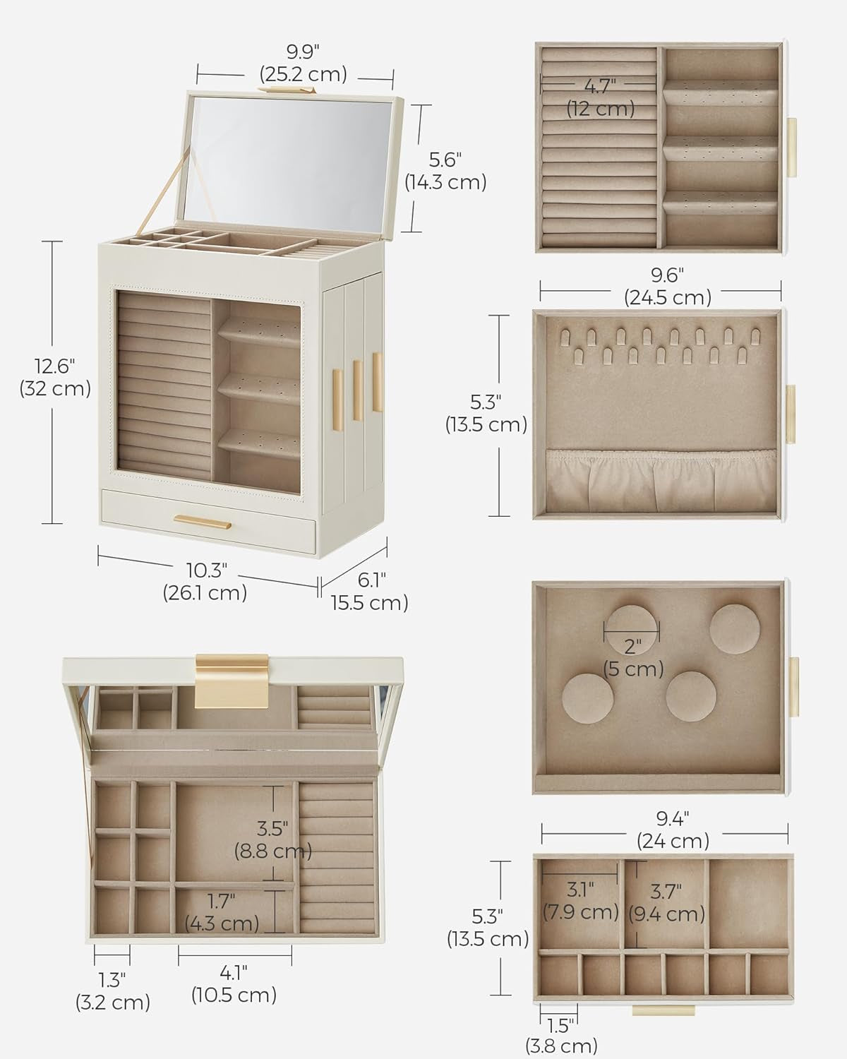 Jewelry Box with Glass Window, 5-Layer Jewelry Organizer with 3 Side Drawers, Jewelry Storage, with Big Mirror, Modern, 6.1 X 10.3 X 12.6 Inches, Cloud White and Metallic Gold UJBC162W01
