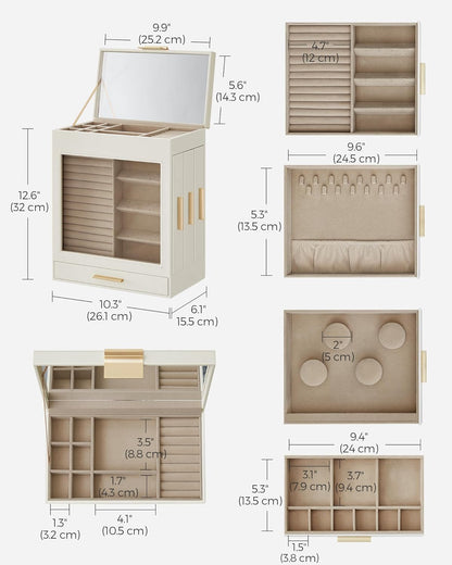 Jewelry Box with Glass Window, 5-Layer Jewelry Organizer with 3 Side Drawers, Jewelry Storage, with Big Mirror, Modern, 6.1 X 10.3 X 12.6 Inches, Cloud White and Metallic Gold UJBC162W01