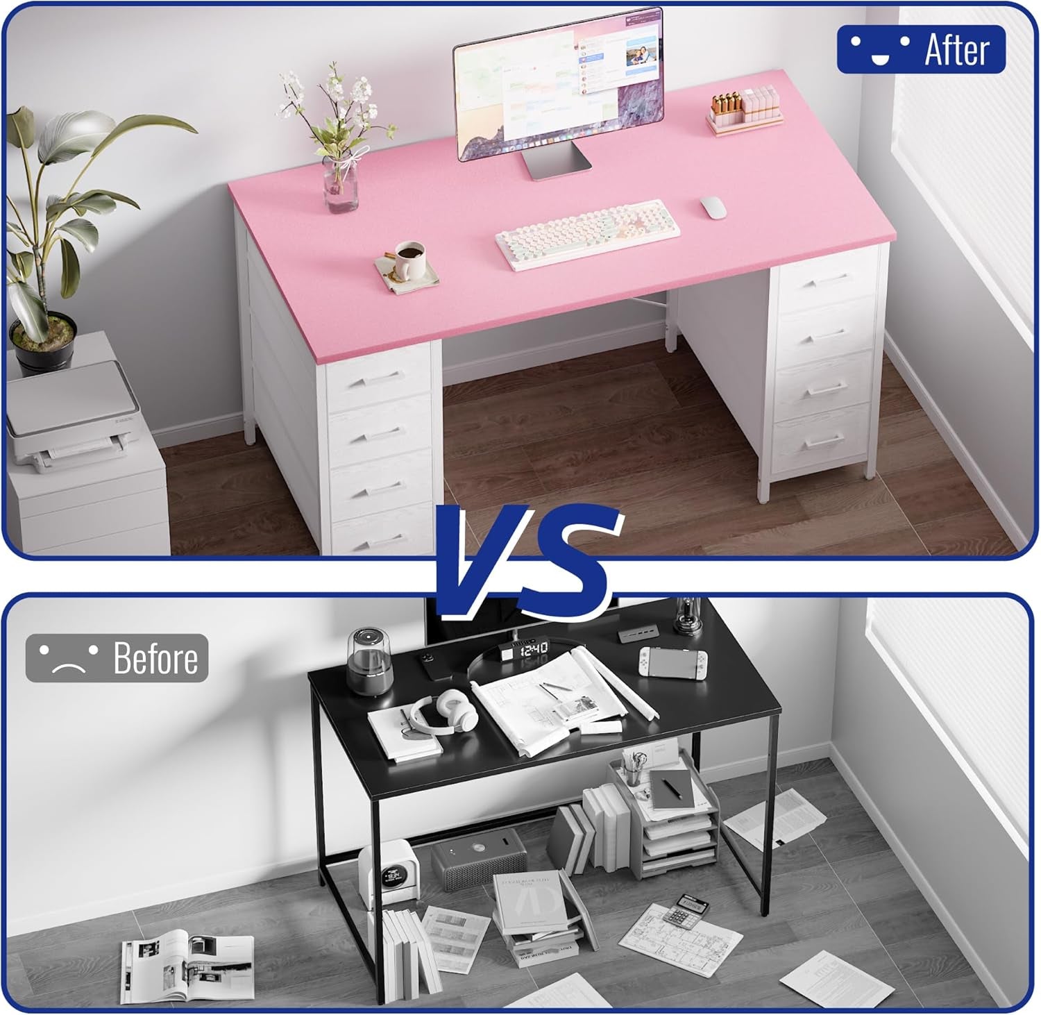 47 Inch Computer Desk with 8 Fabric Drawers PC Gaming Desk Home Office Study Work Writing Table for Bedroom White