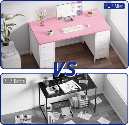 47 Inch Computer Desk with 8 Fabric Drawers PC Gaming Desk Home Office Study Work Writing Table for Bedroom White