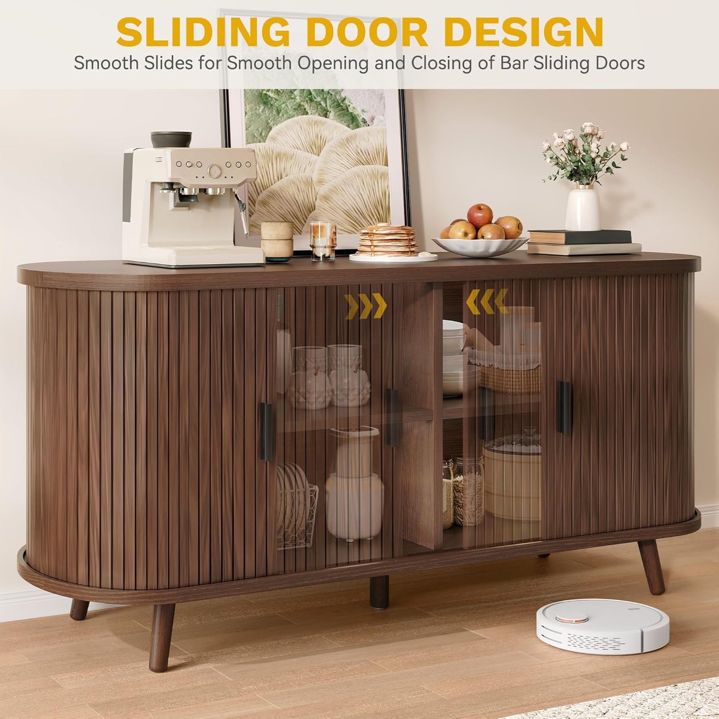 Fluted Sideboard Buffet Cabinet with Storage,54.3" Wide Curvy Edge Accent Storage with Sliding Door & Adjustable Shelf, Mid Century Modern Console for Living Room, Kitchen, Hallway-Walnut