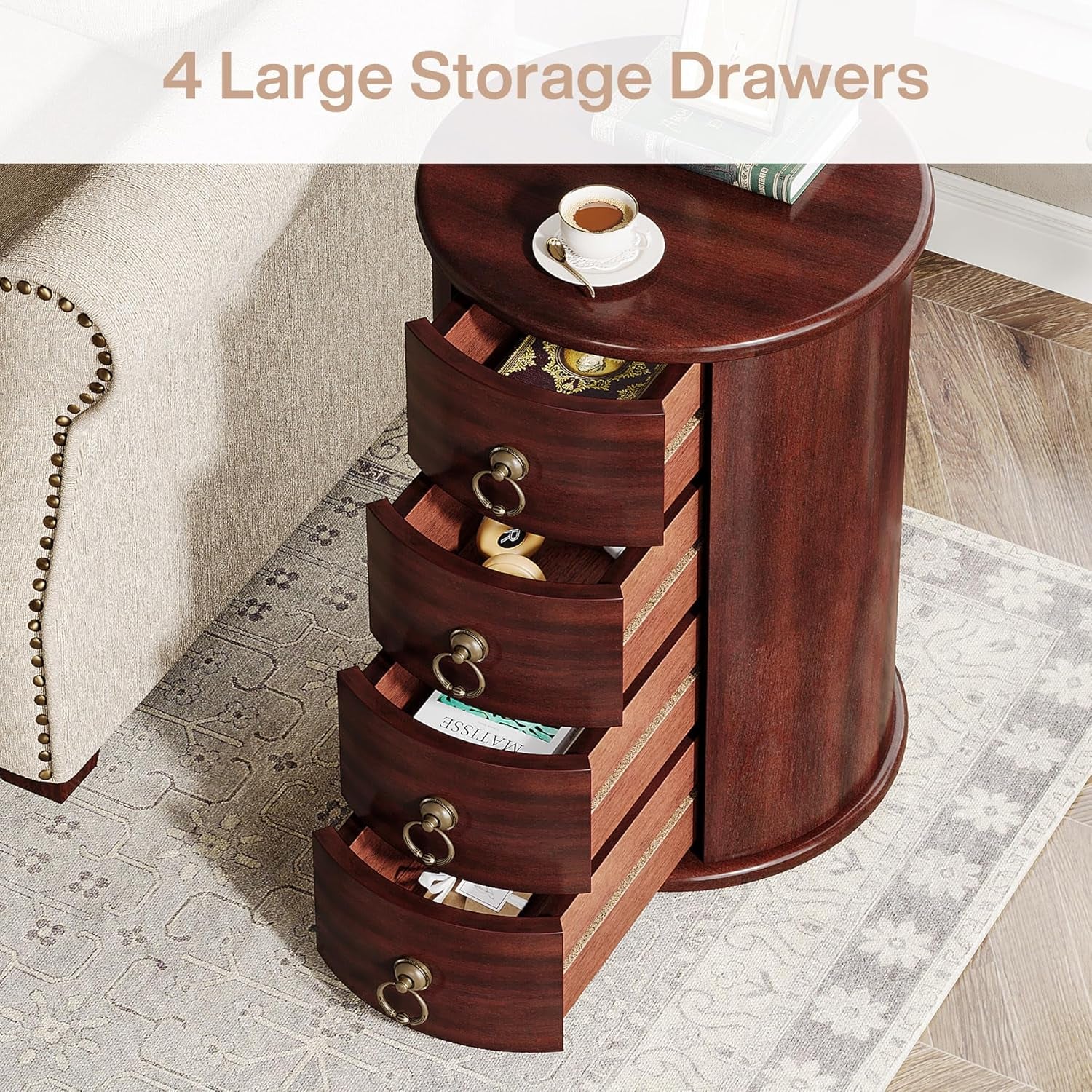 Solid Wood End Table Set of 2, round Side Table with 4 Drawers, Vintage Bedside Table Nightstand for Small Spaces, Living Room, Bedroom, No Assembly Required (2, Cherry Brown)