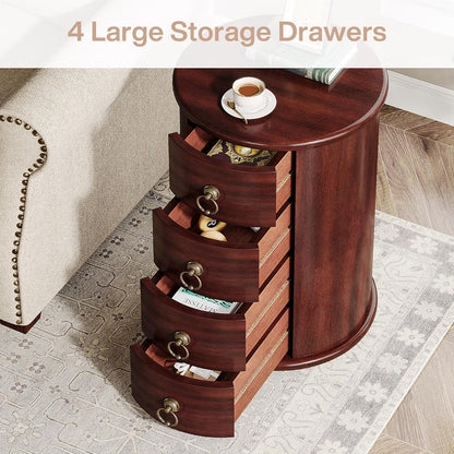 Solid Wood End Table Set of 2, round Side Table with 4 Drawers, Vintage Bedside Table Nightstand for Small Spaces, Living Room, Bedroom, No Assembly Required (2, Cherry Brown)