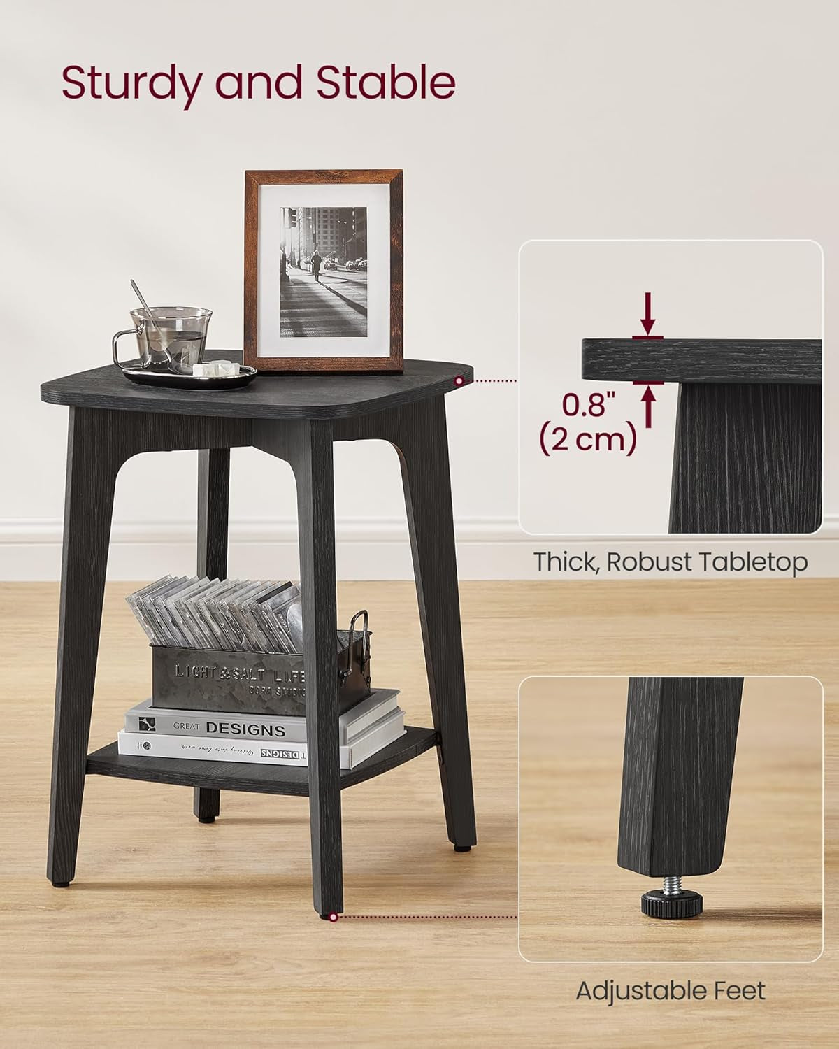 MAEZO Collection - Side Table, 2-Tier Small Square End Table, Nightstand with Tapered Legs, Curved Transitions, for Small Spaces, Living Room, Bedroom, Charcoal Gray ULET236B01