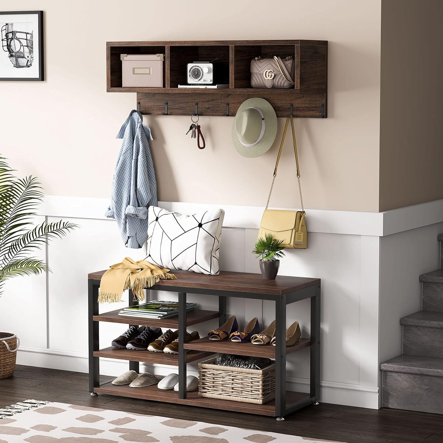 Industrial [Shoe] [Rack] [Bench] with Coat [Rack] Set with Hall Tree, 3 Storage Cubbies, 7 Hooks for Entryway, Hallway, 5-In-1Design, Rustic Brown