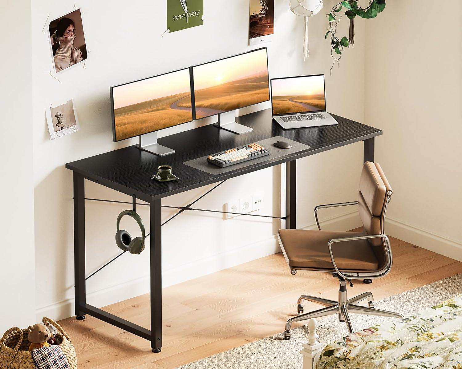 48 Inch Small Computer Desk for Home Office, Study Writing Table for Small Spaces, Simple Modern Desk with Headphone Hooks, Pure Black
