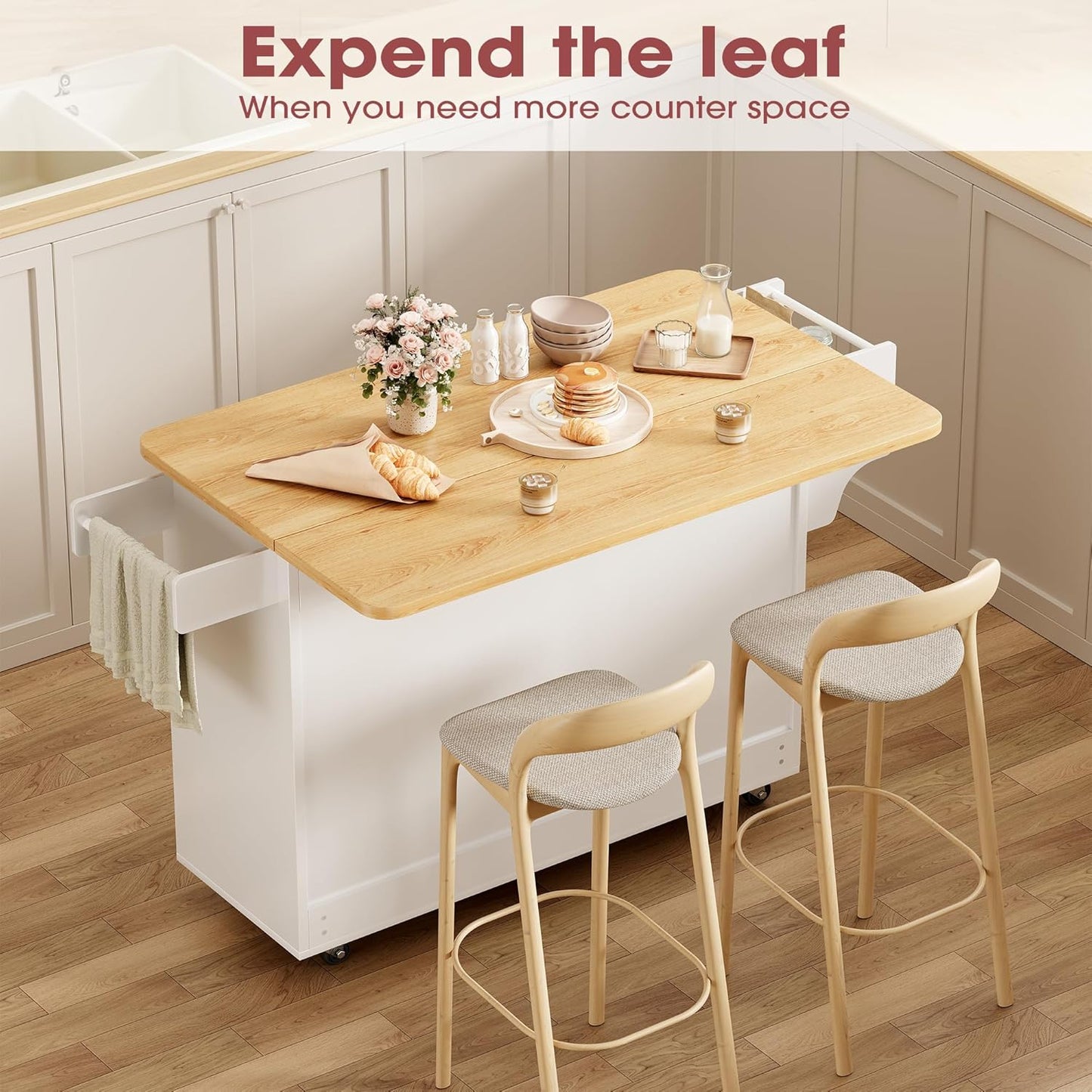 Kitchen Island with Storage, 41.7" Rolling Cart with Drop Leaf, Portable Island Table on Wheels, Spice Rack, Towel Rack and Drawer, White, 41.7" L X 29.5" W