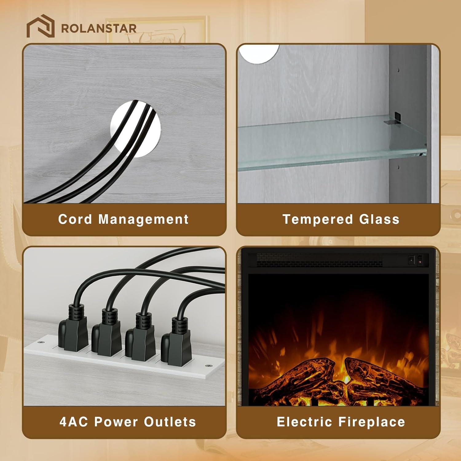 Fireplace TV Stand with LED Lights and Power Outlets, TV Console for 32" 43" 50" 55" 65", Entertainment Center with Adjustable Glass Shelves, Ivory White