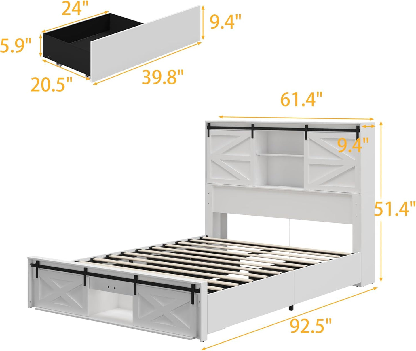 Queen Farmhouse Bed Frame with Charging Station, LED Lights, Storage Headboard & Footboard, Platform Bed Frame with 4 Rolling Drawers & Sliding Barn Door, No Box Spring Needed, White
