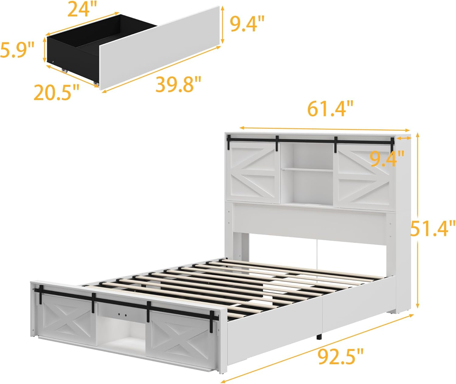 Queen Farmhouse Bed Frame with Charging Station, LED Lights, Storage Headboard & Footboard, Platform Bed Frame with 4 Rolling Drawers & Sliding Barn Door, No Box Spring Needed, White