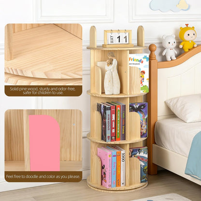Rotating Bookshelf, Solid Pine Wood Spinning Bookshelf Tower 4 Tier, 360° Revolving Bookcase for Kids, Multi-Functiona Corner round Turning Book Shelf Organizer for Small Spaces