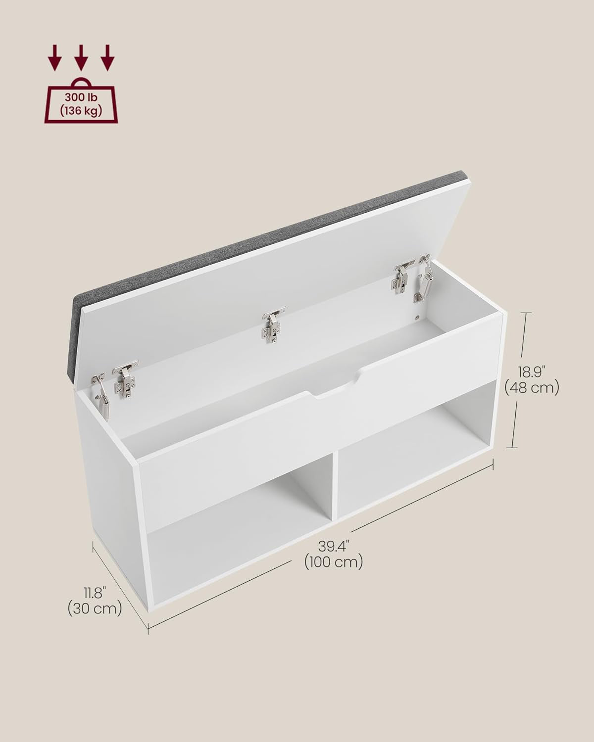 Shoe Storage Bench with Cushion, Entryway Shoe Rack Bench with Storage, 2 Open and 1 Hidden Compartments, for Living Room, Bedroom, White and Gray ULHS021W01