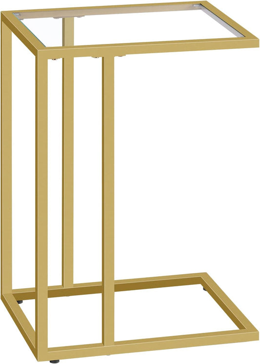 C Shaped End Table, Tempered Glass Snack Side Table with Metal Frame, TV Tray Table for Small Space, Sofa Couch and Bed, Modern Style, Gold GD03SF01G1