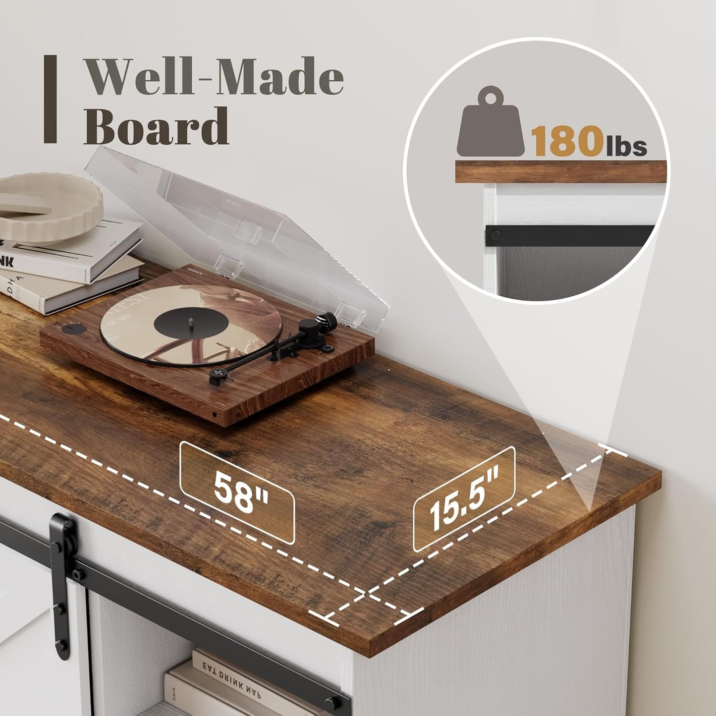 TV Stand for Televisions up to 65 Inchs, with Sliding Barn Doors and 4 Storage Drawers, Console Table and Media Furniture for Living Room, 58 Inch, Milk White