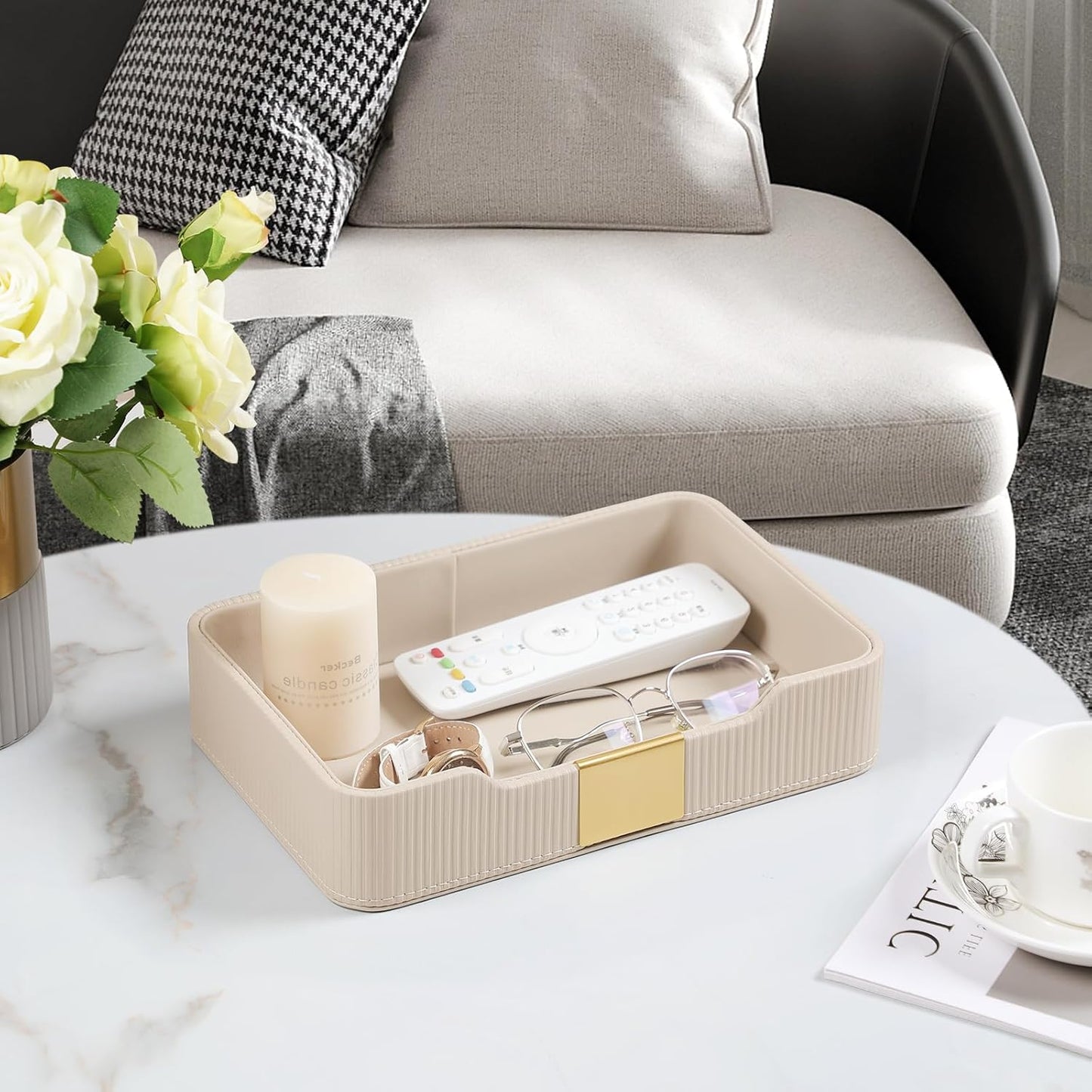 Valet Tray Desktop Storage Organizer, PU Leather Catchall Bedside Vanity Tray with Brass Accents Block Nightstand Organizer for Keys Watch Wallet Phone, Decorative Nightstand Storage (Beige)