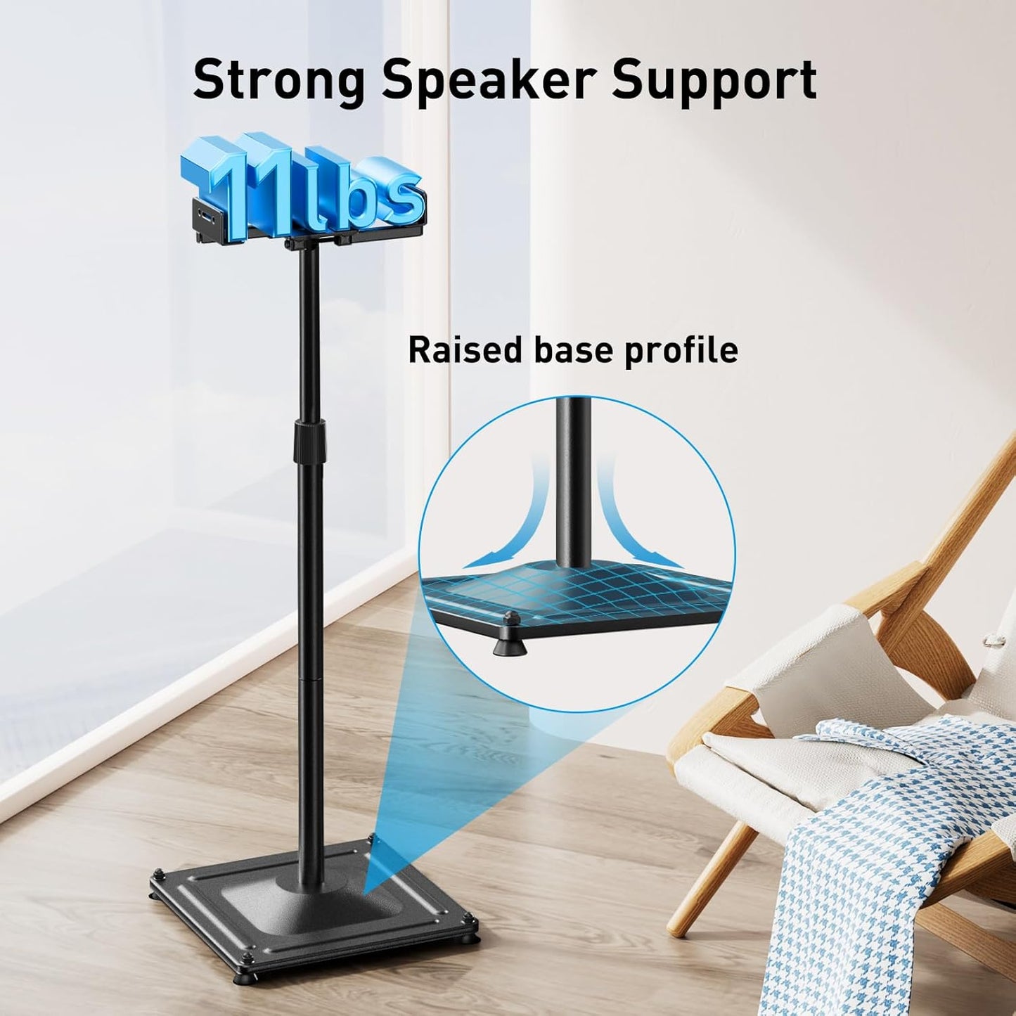 Universal Speaker Stands for Surround Sound -Height Adjustable Extend 33.3”To 45.1”, Floor Speaker Stand for Satellite & Studio & Bookshelf Speakers up to 11LBS,1 Pair Black, PSSS2